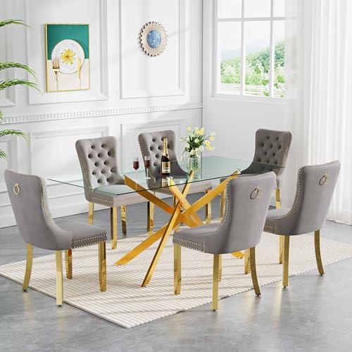 61" Modern Dining Table Set for 6, Rectangular Tempered Glass Dining Tab...