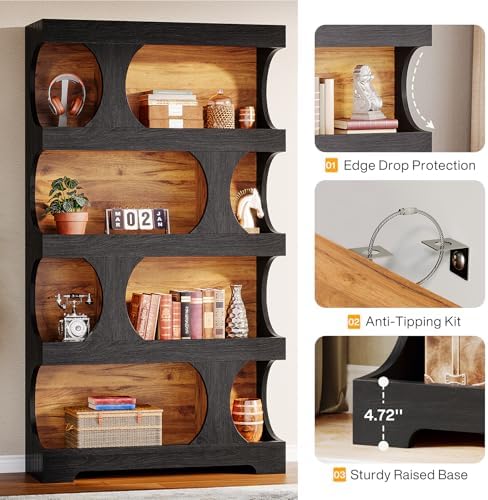 Tribesigns 71" Tall Black Bookcase, Modern Asymmetrical Bookshelf, 4-Tie...