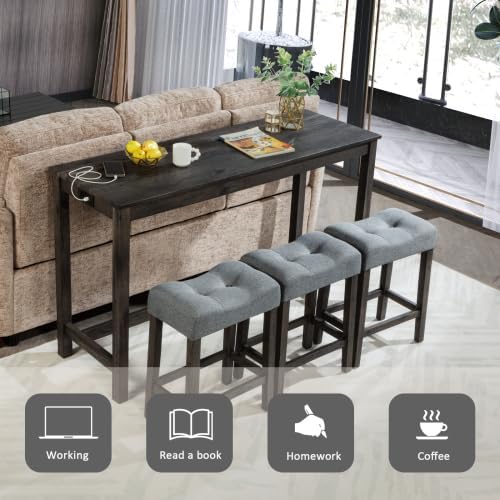 KEIKI 4-Piece Bar Table Set with Power Outlet, USB Ports, and 3 Padded Stools...