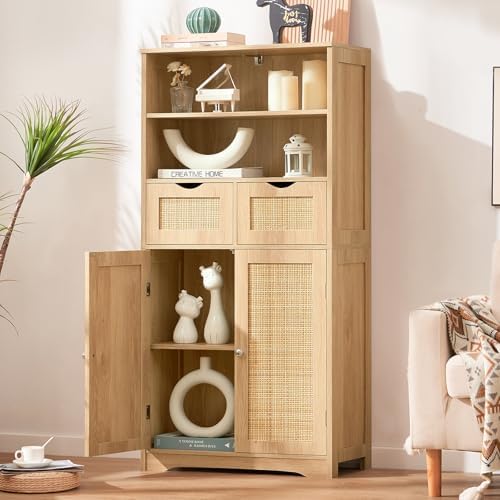 Iwell Tall Storage Cabinet, Rattan Cabinet with 2 Drawers & Adjustable Sh...