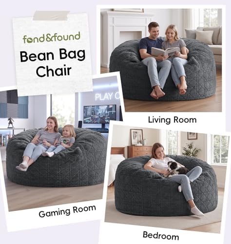 fond + found Giant Bean Bag Chair with Plush Quilted Cover, 5FT Darkgrey | Pl...