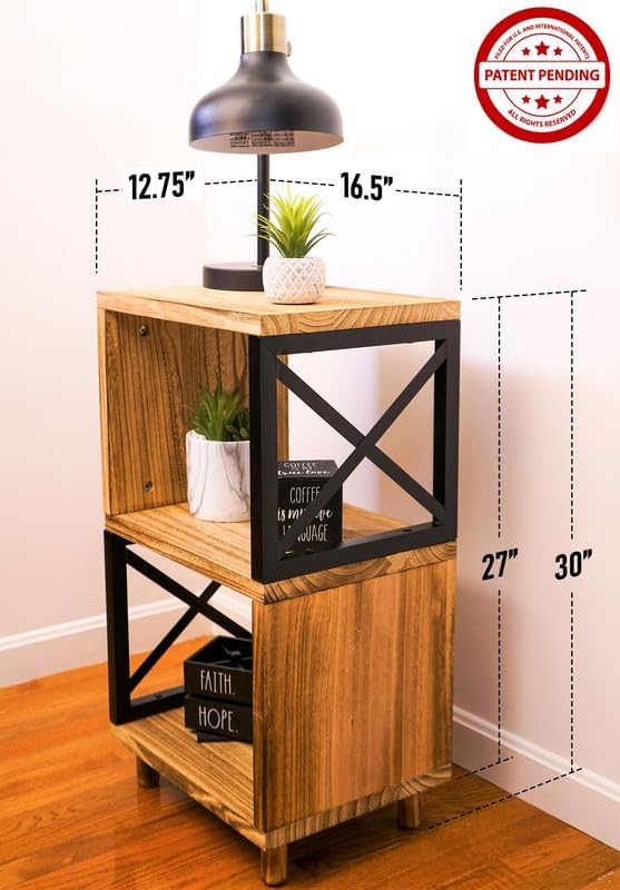 Premium Home 30” Tall Wood Side Table, Narrow End Table with Open Shelf, Natu...