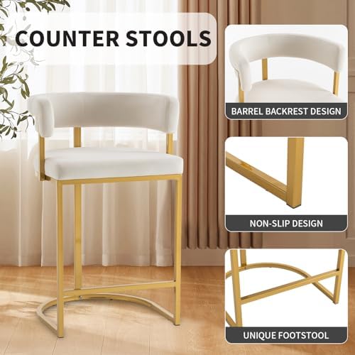 Modern Barrel Bar Stools Set of 3, 24" Velvet Counter Height Stools with...