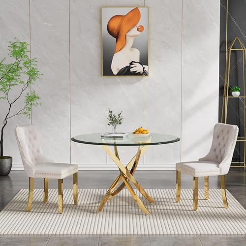 HomVent 36''Gold Round Glass Dining Table Set for 2 for Family Gathering