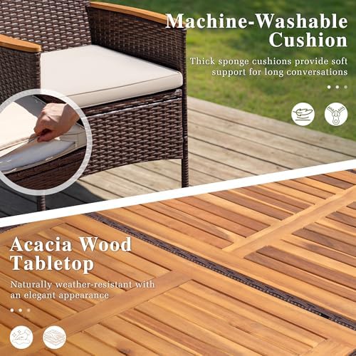 Devoko 9 PCS Acacia Wood Patio Dining Set, Brown Rattan