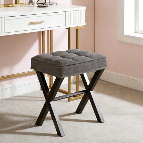 Makeup Chair, Modern Luxury Vanity Stool with Linen Plush Seat | Compact X Ba...