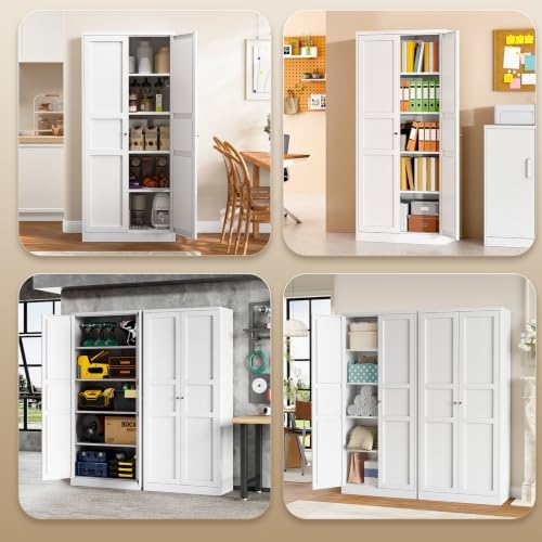 Yizosh Metal Storage Cabinet - 71" White Kitchen Pantry with 2 Doors and...