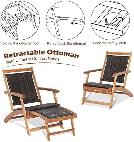 Tangkula Patio Lounge Chair and Side Table Set, Acacia Wood Wicker Folding Ta...