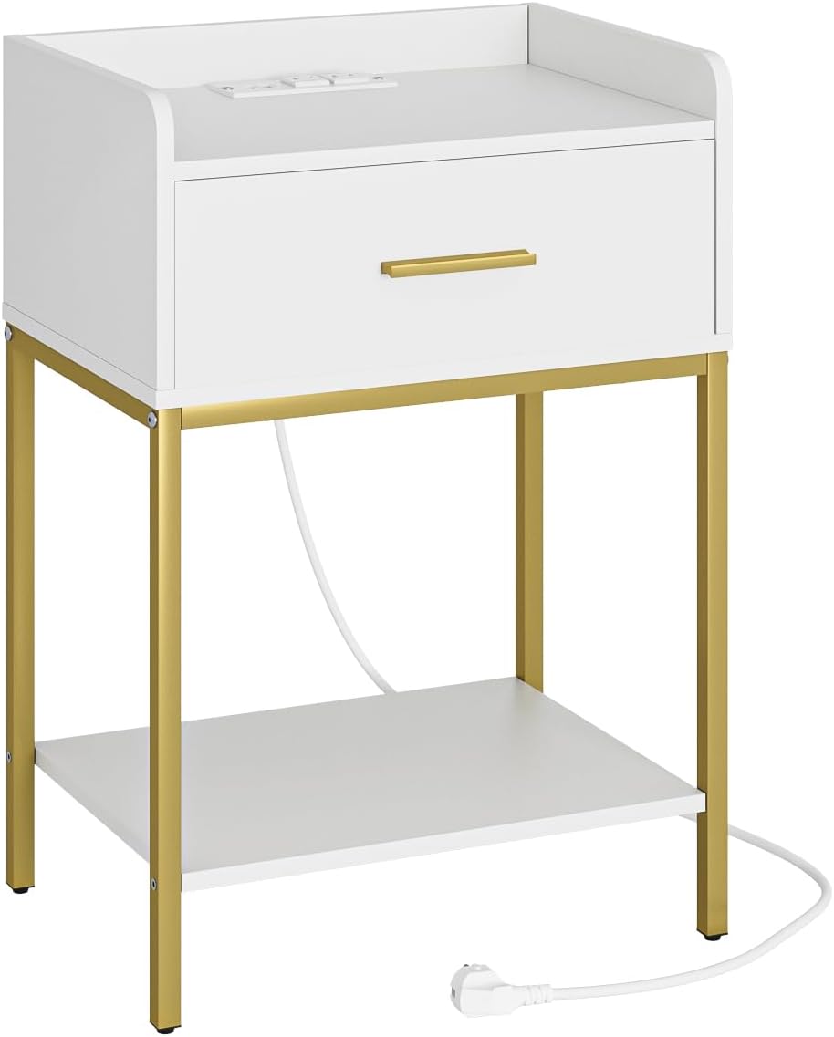 Aienvey Nightstand with Charging Station,Bedside Table with Drawer and 2 Shel...