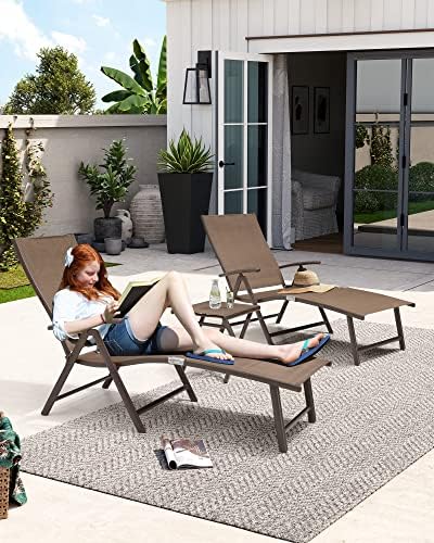 Lounge Chair Outdoor, Folding Pool Chaise Chairs Set of 3 (Brown)