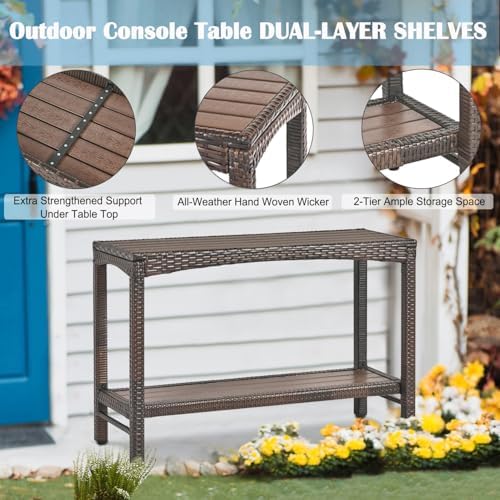 Outdoor Console Table Patio Buffet Bar Storage Organizer 45" Long Wicker...
