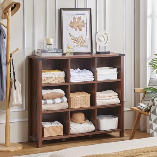 Joaxswe 9 Cube Bookcase, Farmhouse 47 Inch Wide Brown Walnut Bookshelf, Woode...
