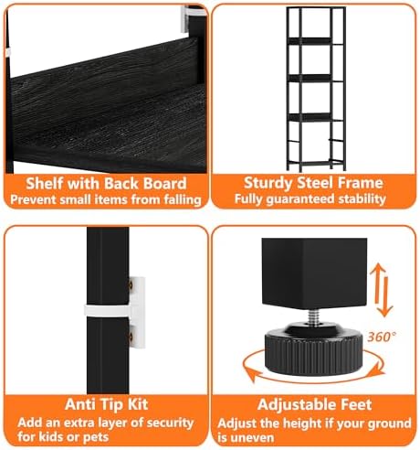 Furnulem 4 Tier Corner Shelf,Black Narrow Bookshelf with 2 Storage Drawers