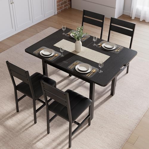 MapleGrace Extendable Dining Table Set for 4 with Built-in Shelf Rack Black
