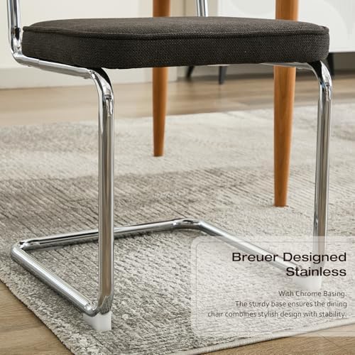 Rattan Back Linen Dining Chair Set of 4 Modern Breuer Designed Stainless Chro...