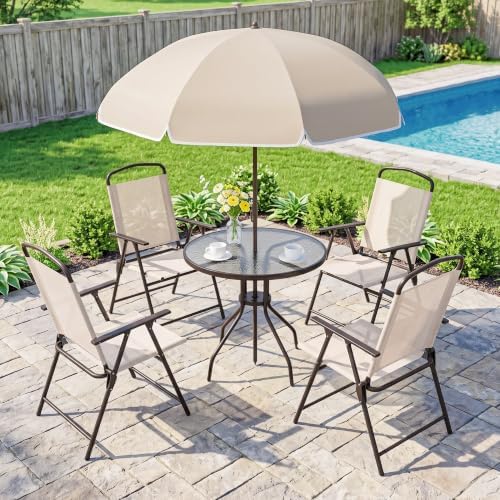 Outsunny 6 Piece Patio Dining Set for 4 with Umbrella, Beige