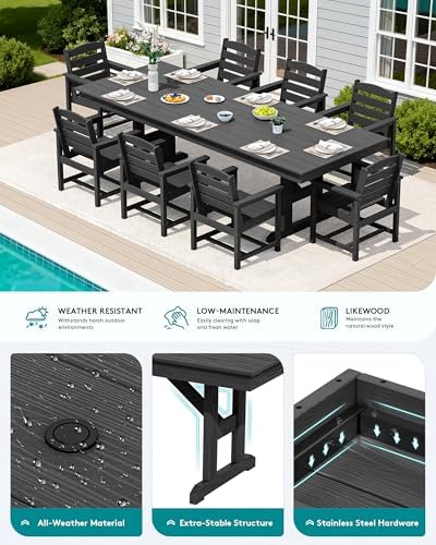 SERWALL 9Pcs 84" HDPE Outdoor Dining Set for 8 with Armchairs,Black