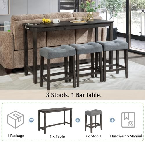 KEIKI 4-Piece Bar Table Set with Power Outlet, USB Ports, and 3 Padded Stools...
