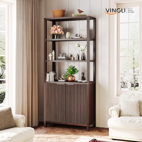 VINGLI Bookcase with Fluted Doors, 71" Wood Storage Cabinet with Adjusta...