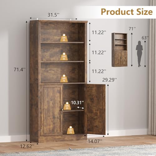 Thacuok 72'' Tall Bookcase with Doors, Adjustable Shelves, P2 MDF Con...
