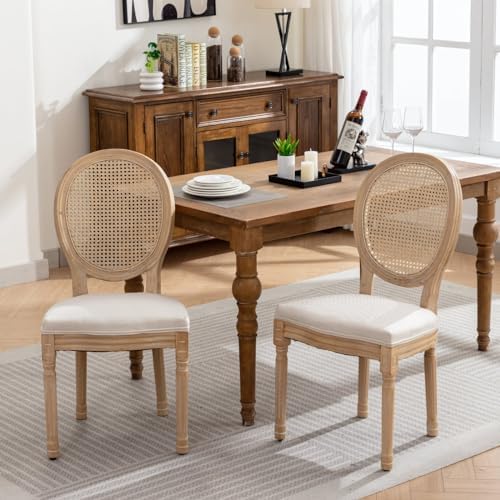 Vintage French Rattan Dining Chairs Set of 4, Solid Wood Frame with Round Rat...