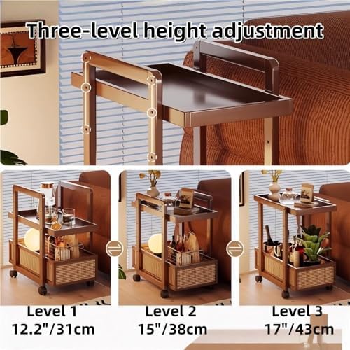 Modern 2-Tier Bamboo Rolling Side Table with Rattan, Stylish Coffee Table on ...