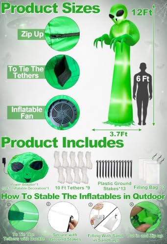 12 FT Scary Halloween Inflatable Alien Built-in LEDs Outdoor Decoration