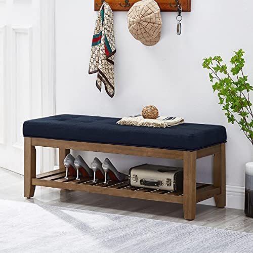 24KF Large Rectangular Upholstered Tufted Linen Fabric Ottoman Bench, Padded ...