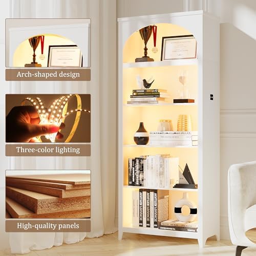 Arched Bookshelf with LED Lights, 70" White Bookcase for Bedroom