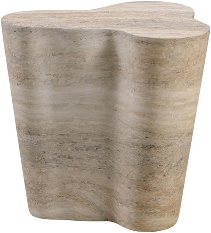 MAKLAINE Transitional Faux Travertine End Table, Tan Finish, Concrete Materia...