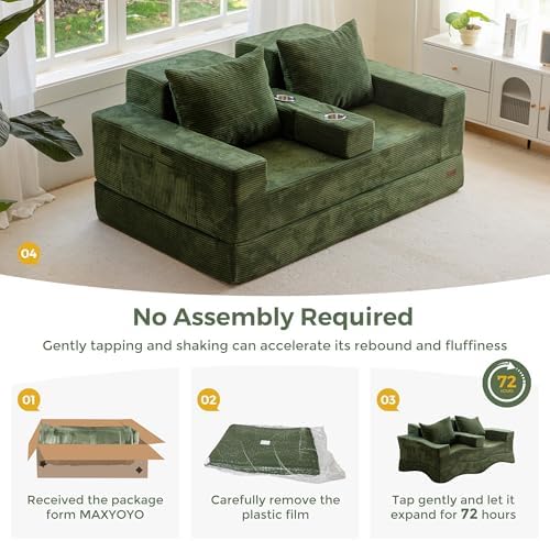 MAXYOYO Sofa Bed, 64-Inch Loveseat with 2 Cup Holders | Corded Green 4-in-1 S...