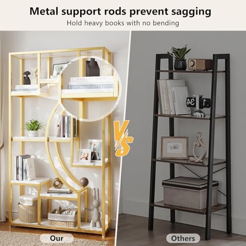HolliWill Modern Book Shelf, White and Gold Bookshelf, 70.8 Inch Tall Etagere...