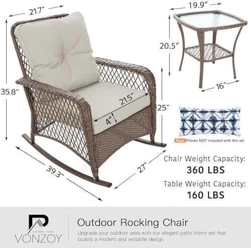 Patio Furniture Set 3 Pieces, Wicker Outdoor Rocking Bistro Set, Pale White