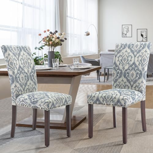 COLAMY High Back Dining Chairs Set of 4, Blue/White Flower