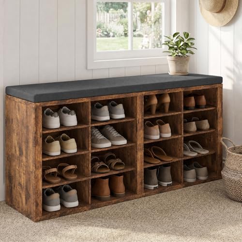 Shoe Rack Bench, Shoe Storage Bench with Cushion, Shoe Organizer 16 Cubbies f...