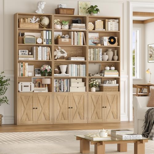 FACBOTALL 82" Tall Bookcase, Farmhouse Bookshelf with Doors,Light Oak