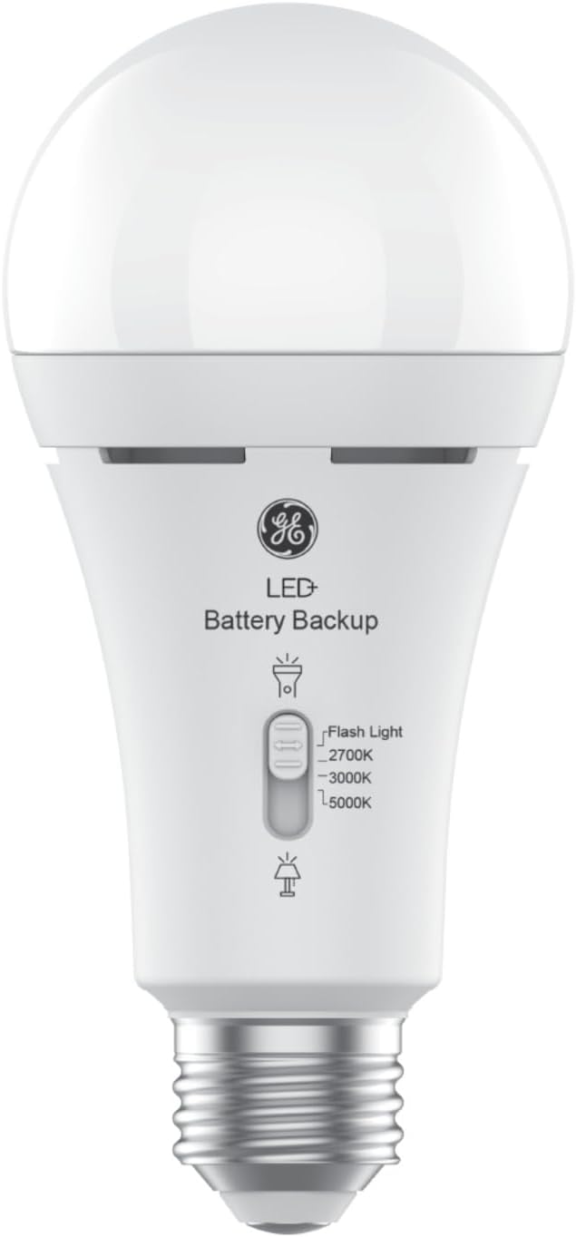 GE LED+ Backup Battery LED Light Bulbs, A21 Rechargeable Light Bulbs for Powe...