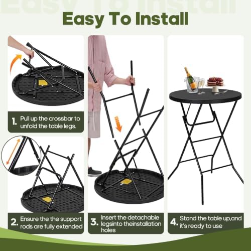 32" Round Folding Table, Portable Bar Height Folding Table with Detachab...