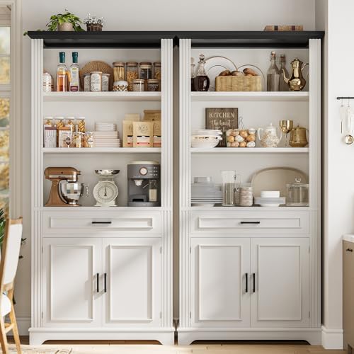SEDETA Farmhouse Bookshelves and Bookcases with Doors, Drawer, White
