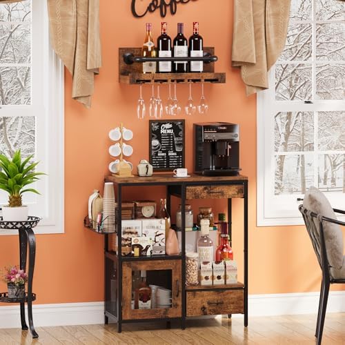 Coffee Bar Table Station, Small Coffee Cabinet with 2 Drawers & 1 Door, K...