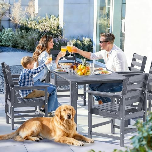 Dining Table Set, 7-Piece HDPE Outdoor Dining Set for 6, Gray