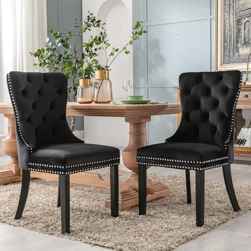 Velvet Dining Chairs Set of 6 with Wood Legs and Pull Ring, Black