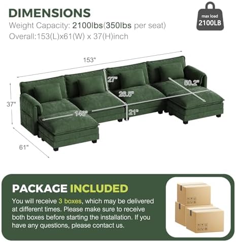 ELUCHANG 153" Oversized Modular Sectional Sofa, Comfy Chenille Cloud Cou...