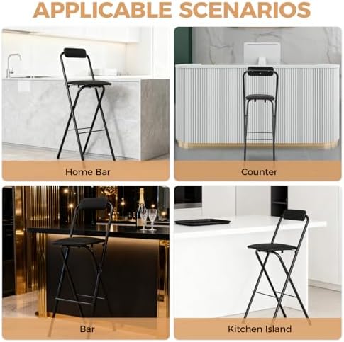 Folding Stool, Cushioned Padded Folding Stool Portable Bar Stool with Back fo...