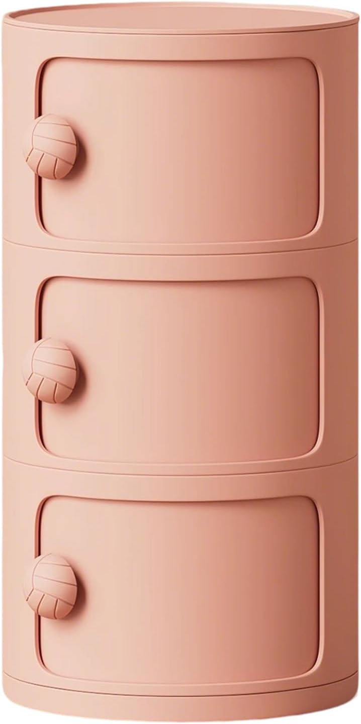 3 Tier Round Nightstand with Drawers, Plastic Pink Nightstand Modern Round Be...