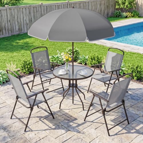 Outsunny 6 Piece Outdoor Patio Dining Set for 4 with Umbrella Gray