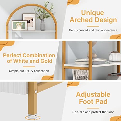 Jehiatek Gold Bookshelf, Arched Bookcase with Doors Storage, 71" Tall In...