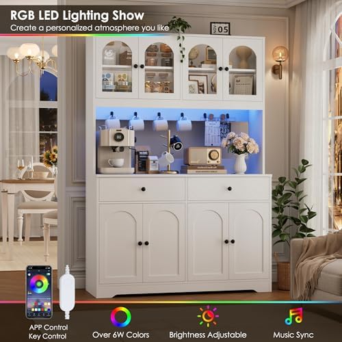HIFIT 71" LED Kitchen Pantry Cabinet with Power Outlet, Tall Hutch, White