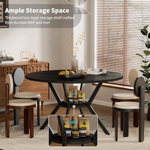 Black Wood Dining Table for 2-4, 42 Inch Round Kitchen Table with Storage