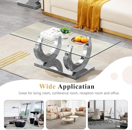 2 Piece Glass Coffee Table Set, Modern Living Room Table Set, Coffee Table wi...